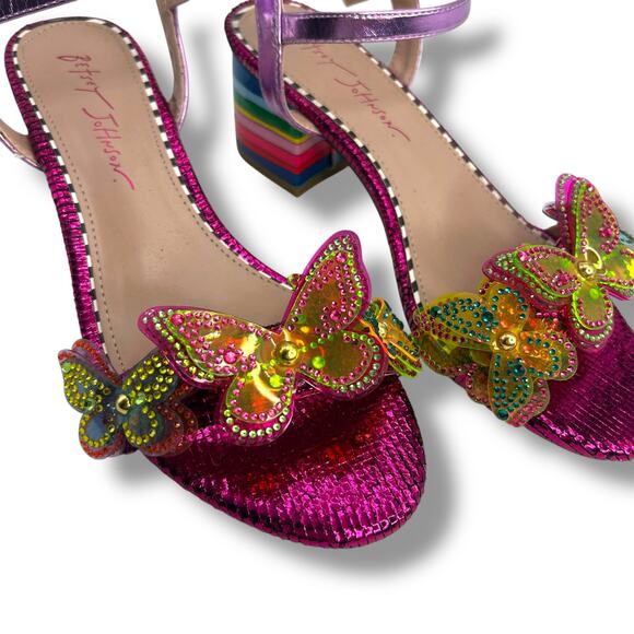 Betsey Johnson Rainbow Sequin Butterfly Heels Size 7 Pink Embellished Sandals - Picture 4 of 14